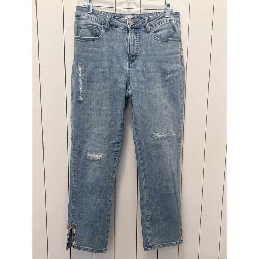 Tru Luxe Straight Leg Jeans Womens 6‎ Blue Excellent Distressed Embroidered Boho
